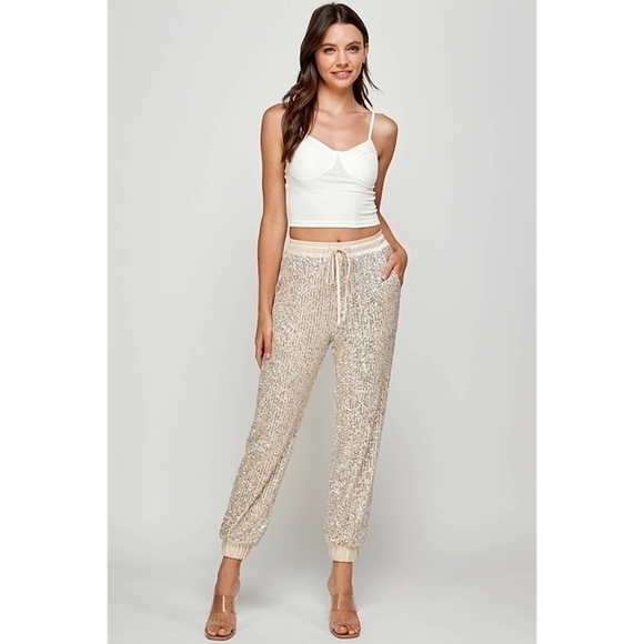 Bling Sequined Champagne Pink Joggers in Small NWT - Picture 1 of 7